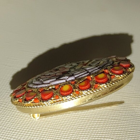 Vtg Italian Micro Mosaic Floral Oval Brooch Red Yellow Accents Gold Tone Pin - Picture 9 of 13